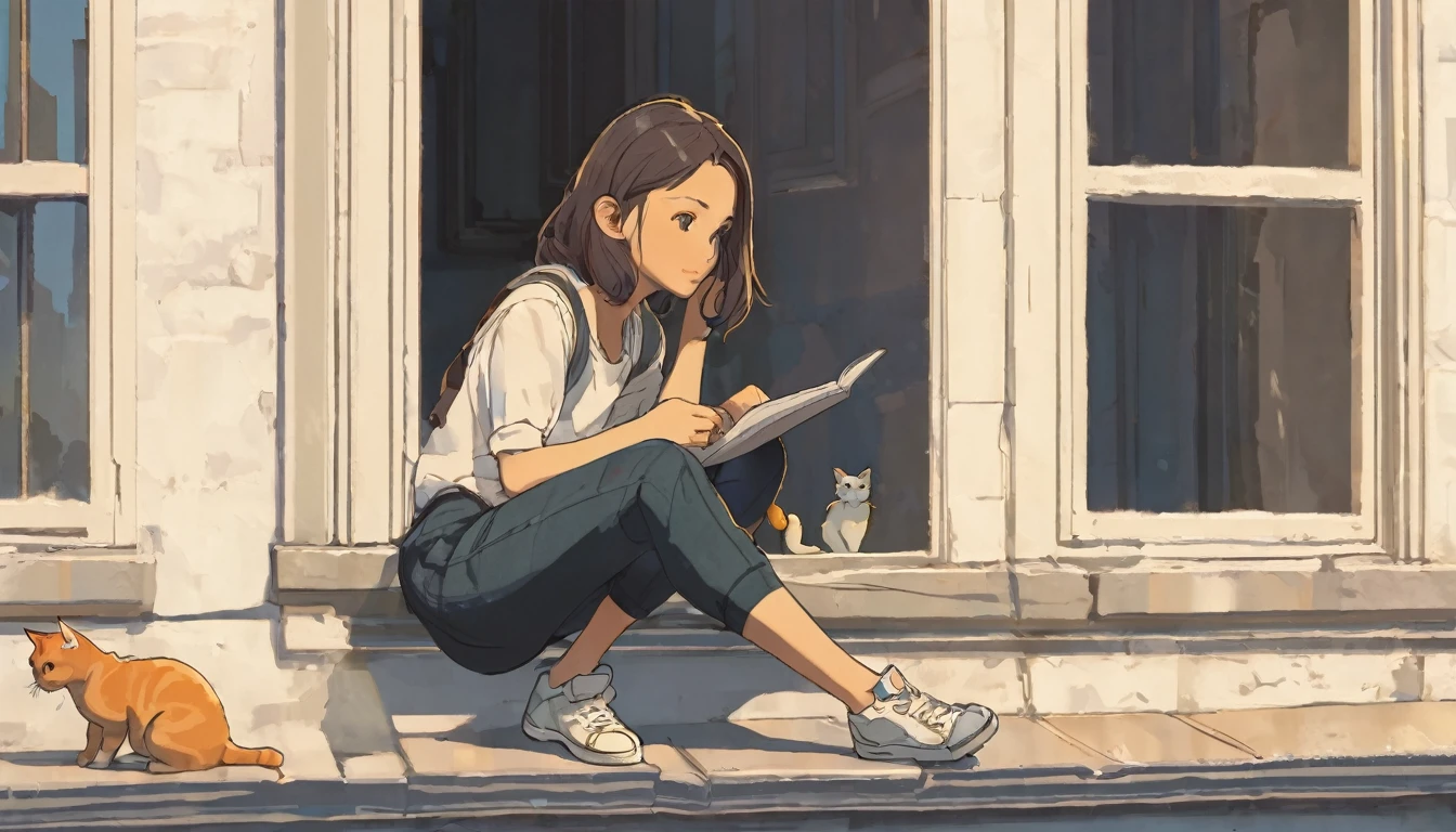 A girl is sitting on a window sill next to a cat, in the style of 2d game art, art academia, study