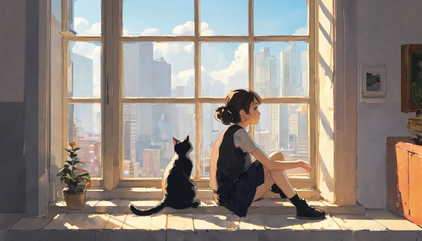 A girl is sitting on a window sill next to a cat, in the style of 2d game art, art academia, study
