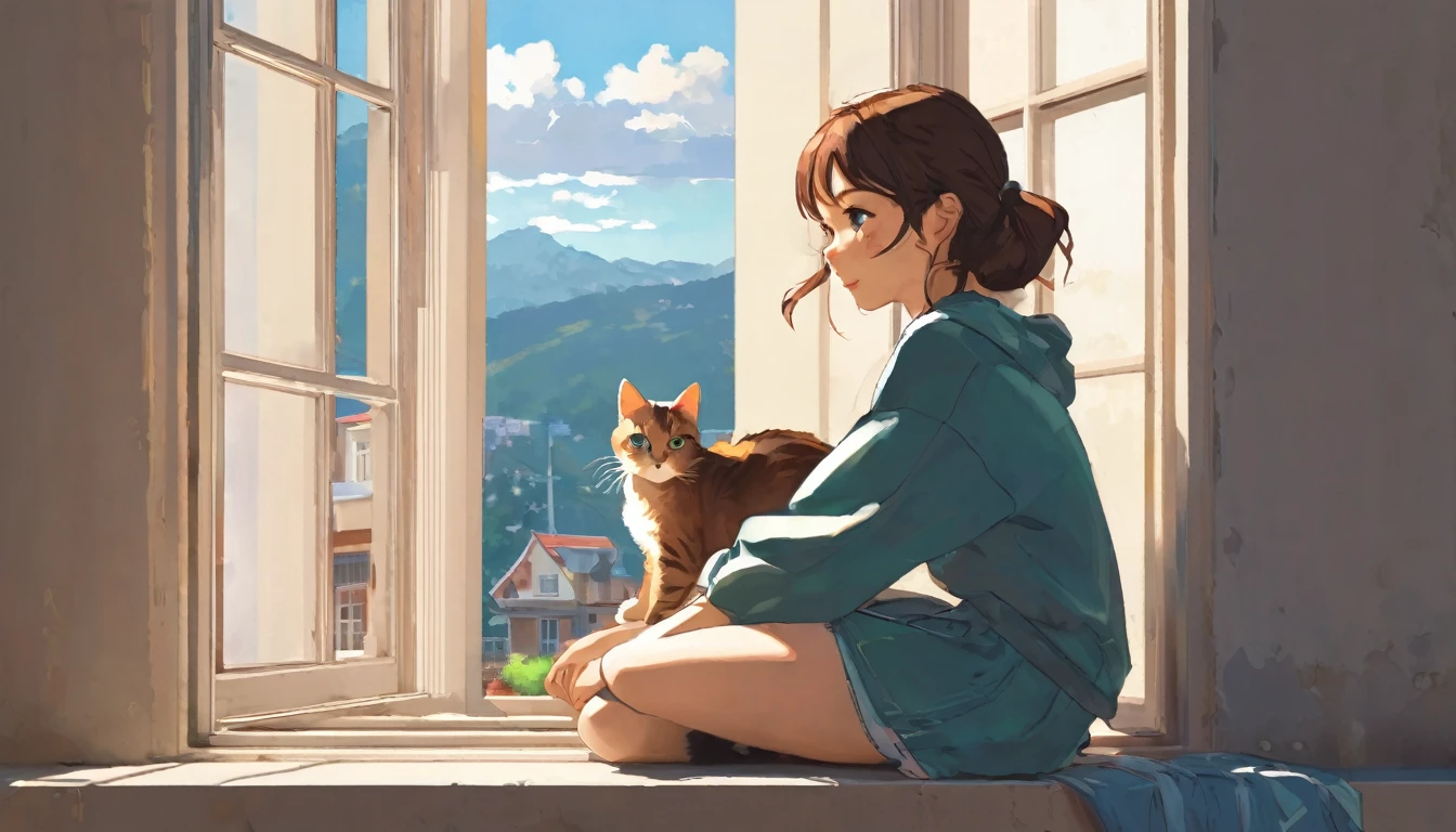 A girl is sitting on a window sill next to a cat, in the style of 2d game art, art academia, study