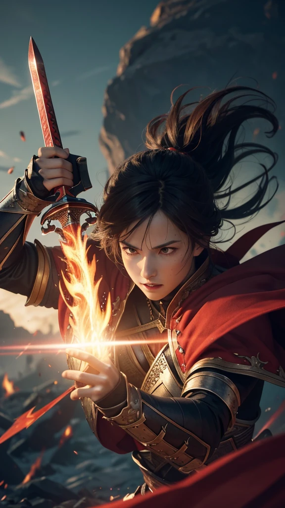 Reloaded Swordsman,Flames burst forth, charging with rage、The entire body is enveloped in super-thick crimson armor.,A giant sword with both hands on the ground,The blue spinning sword energy overflowed.,,Blood,Depth of written boundary,Dynamic Blur,highlight,Real Light,Ray Tracing,OC Rendering,Surreal,Highest quality,8K,Masterpieces,Ultra-fine,More about pubic hair,Correct Anatomy,Sharp focus on the eyes,Bokeh,The facial features are carefully drawn
