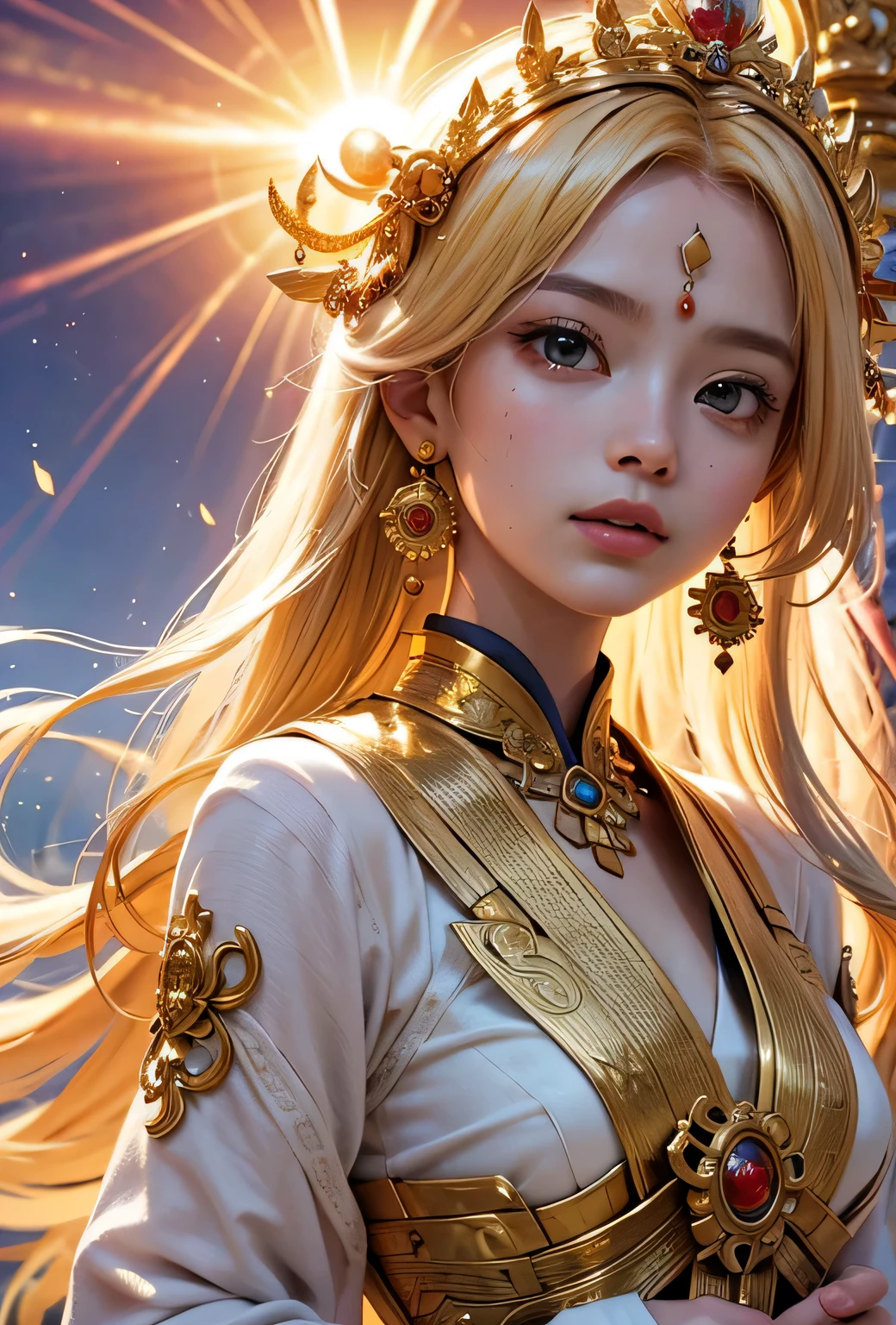 "Child of the Sun, Goddess of Love": Within a sacred sanctuary bathed in sunlight, depict the figure of a sun goddess who governs love, facing forward and emanating divine radiance. She is a , around 3 years old. Zoom in to focus on her face, with a gleaming orb of light in her hands, representing the life-giving power of the sun. Her hair is shimmering gold, and she is wearing a traditional miko outfit as seen in Japanese shrines. The background should be predominantly gold, evoking a sense of divine splendor, with numerous heart-themed objects expressing the beauty of love. The setting is in heaven, enveloped in soft, bright light, where one can find tranquility and peace of mind, free from any trace of anxiety.Straight-on.