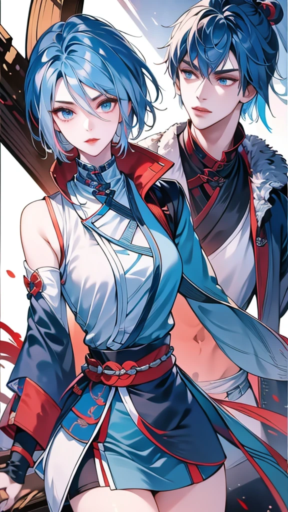 Masterpiece, Best quality, 1 Ji Ruxue, the expression is cold, strong, blue eyes, short hair, wolfcut hairstyle, smoky mix blue color hair, resolute eyes, red lips, simple Taoist Taoist uniform, Chinese mix morden, frontal photo, black or white background, simple background, anime, illustration, Chinese style short-sleeved shirt, cool girl, Fullbody
