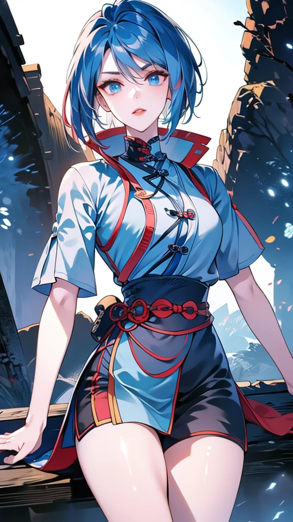 Masterpiece, Best quality, 1 Ji Ruxue, the expression is cold, strong, blue eyes, short hair, wolfcut hairstyle, smoky mix blue color hair, resolute eyes, red lips, simple Taoist Taoist uniform, Chinese mix morden, frontal photo, black or white background, simple background, anime, illustration, Chinese style short-sleeved shirt, cool girl, Fullbody