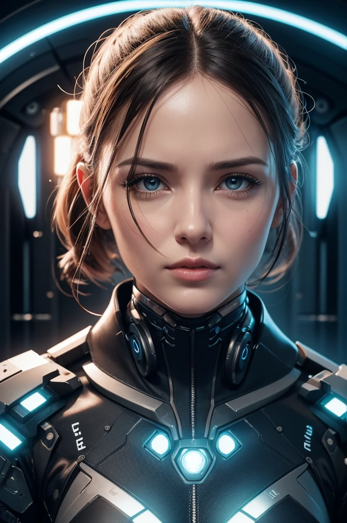 Create a realistic 4K illustration of a cybernetic woman from the armed forces.
