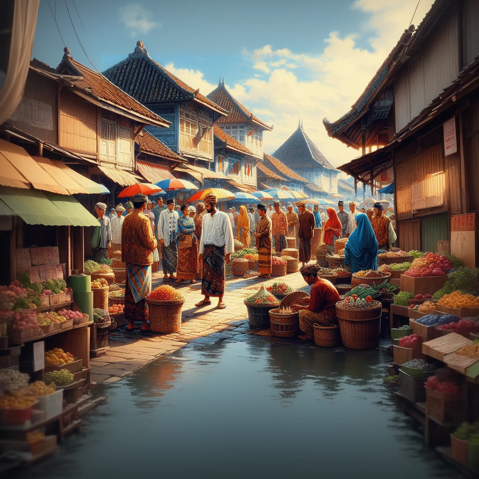 there are many indonesian people walking around a market with baskets of food, market setting, market, marketplace, street market, busy market, the vibrant echoes of the market, market in japan, wet market street, old japanese street market, oriental scene, by Rudy Siswanto, inspired by Rudy Siswanto, by Kerembeyit, market in ancient rome, jakarta