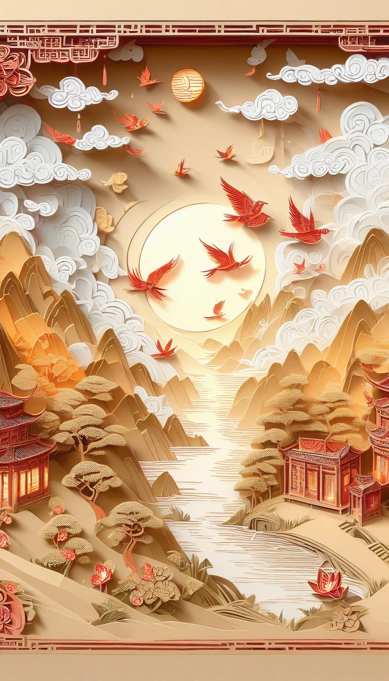 wallpaper,32k,(masterpiece, best quality:1.2), Paper relief,Chinese elements,Paradise,lantern,Folding fan