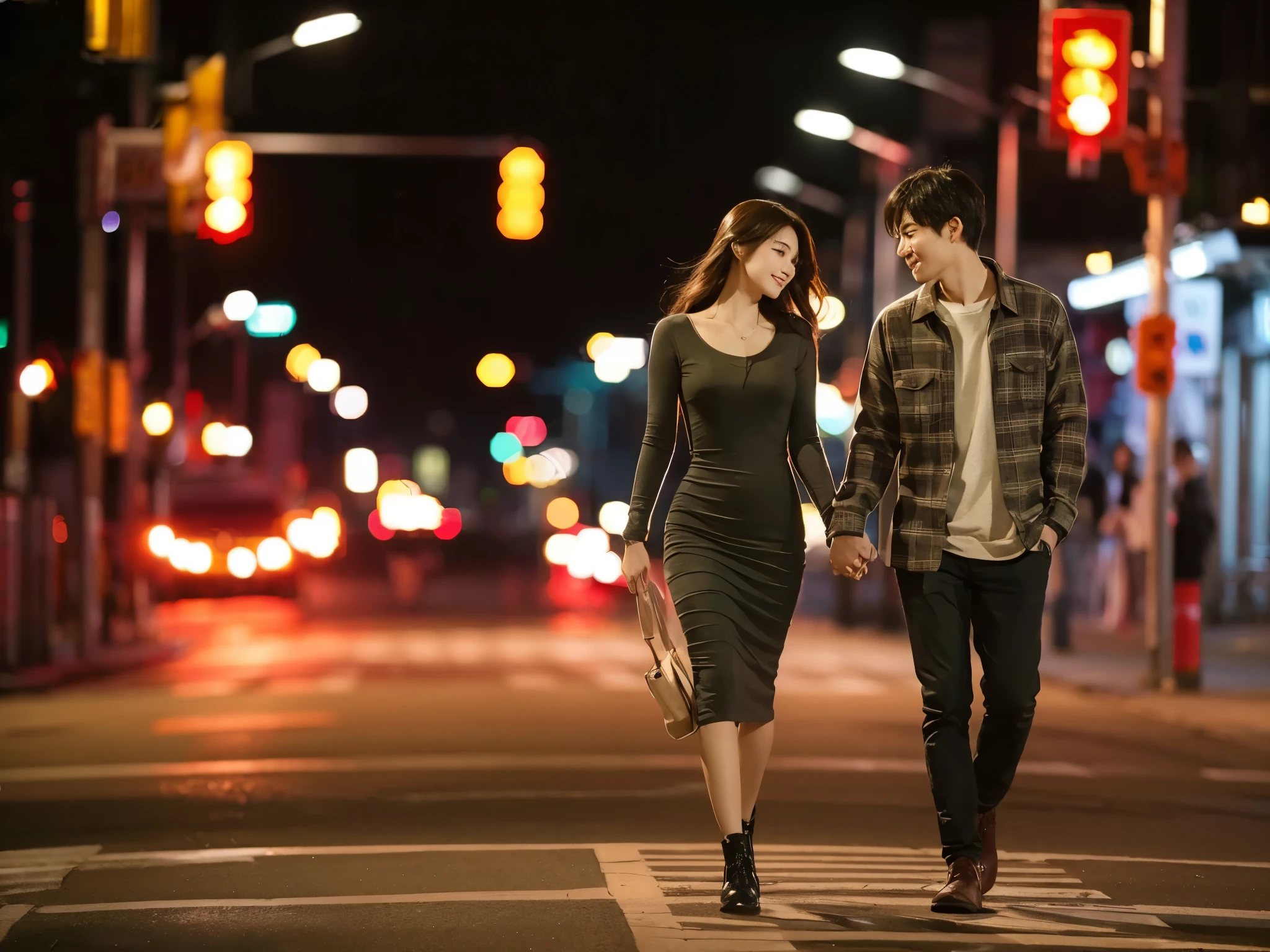 A striking, ultra-detailed image of a young Korean couple strolling hand-in-hand on a bustling night street. The man is dressed in a cozy flannel shirt,
while the woman is clad in a stylish, form-fitting dress. The city lights and traffic signals illuminate their surroundings, casting a warm, inviting glow. The couple's expressions convey a deep connection and passion, as they share a tender moment in the vibrant urban setting.