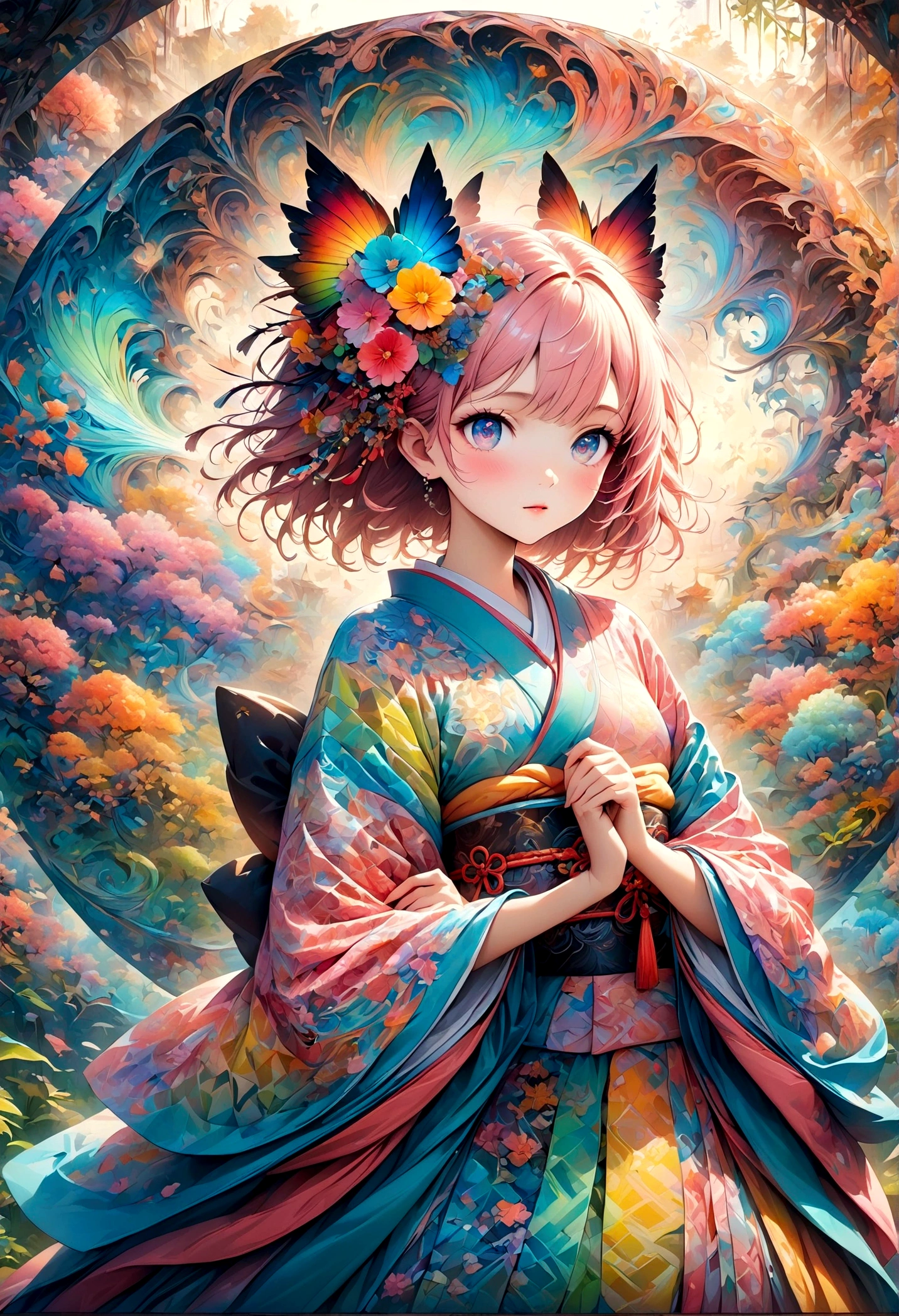 A delicate anime-style illustration of a girl with pink hair and large, expressive eyes. She is wearing a detailed, colorful dress with intricate patterns. The background features abstract, geometric shapes in soft pastel colors, creating a modern and artistic look. Her hands are gracefully positioned in front of her. kimono,Japanese style,Japanese Pattern,artwork,Zentangle,Fractal Art,Unbelievably absurd,draw in detail,Decadent,Adding Ogata Korin elements to the background,rendering,(masterpiece:1.3),(highest quality:1.4),(Super detailed:1.5),High resolution,Very detailed,unity 8k wallpaper,pop