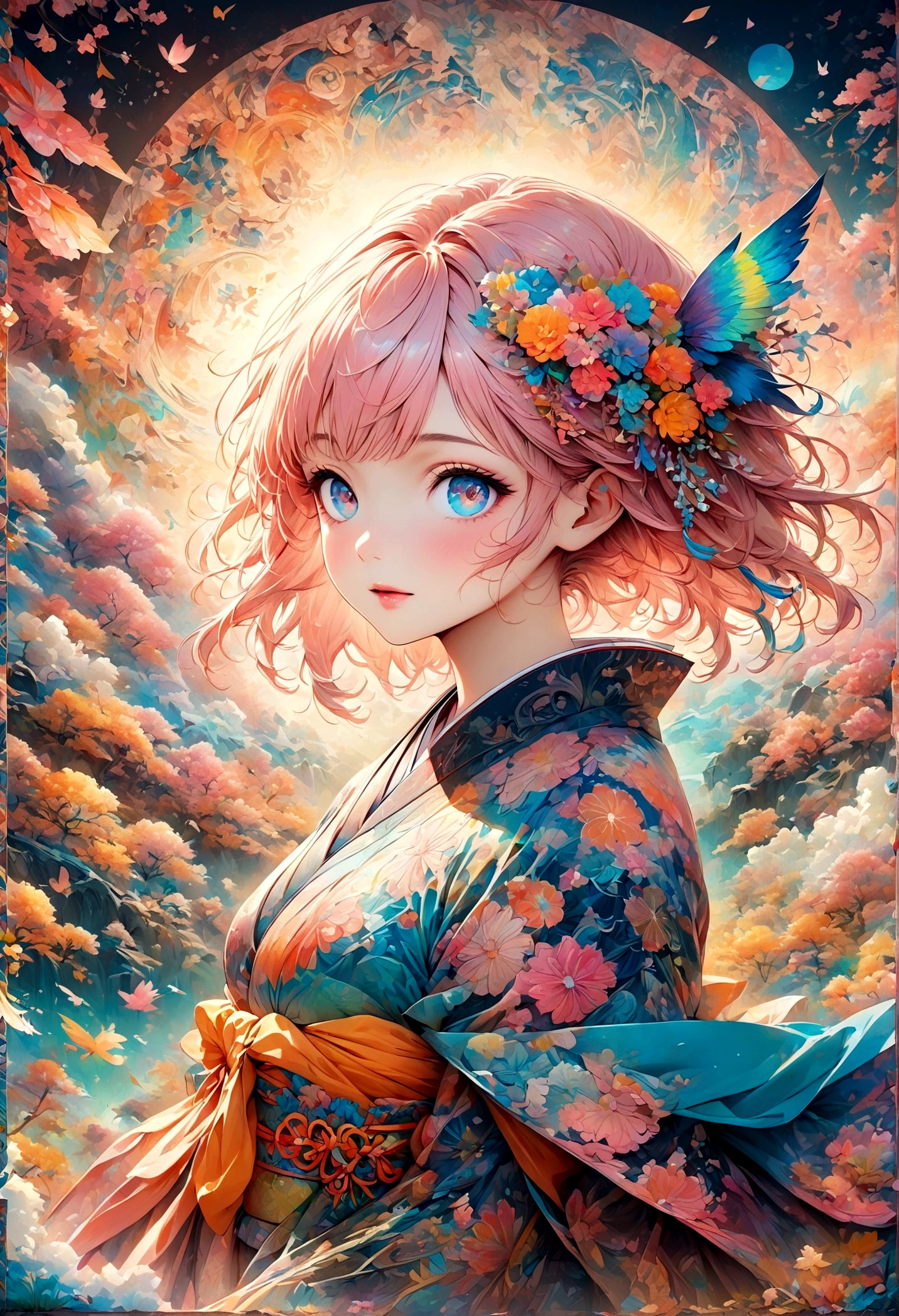 A delicate anime-style illustration of a girl with pink hair and large, expressive eyes. She is wearing a detailed, colorful dress with intricate patterns. The background features abstract, geometric shapes in soft pastel colors, creating a modern and artistic look. Her hands are gracefully positioned in front of her. kimono,Japanese style,Japanese Pattern,artwork,Zentangle,Fractal Art,Unbelievably absurd,draw in detail,Decadent,Adding Ogata Korin elements to the background,rendering,(masterpiece:1.3),(highest quality:1.4),(Super detailed:1.5),High resolution,Very detailed,unity 8k wallpaper,pop