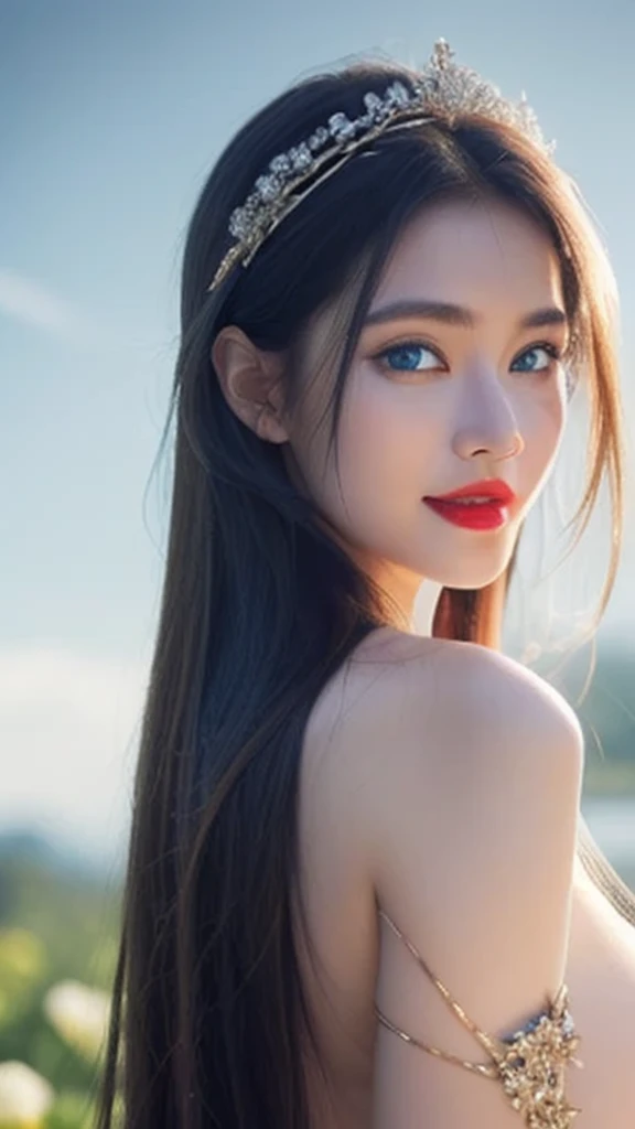 ((best quality: 1.4)), ((masterpiece: 1.4)), (detailed), perfect face, Ultra realism, 1 ((Apsara)), (((age 23))), ((very hot)), (((big boobs: 1.4))), posing in ((heaven)), (((sweet smile:1.2))),
((grey abstract background)),
((pure white goddess dress: 1.3)),
white clouds,
(((a little crown made of flowers))) on head,
(extremely detailed), ((jawline)),
((cinematic shot)), (((cinematic lighting))), (((white hair))), ((closeup shot)), ((red lips))
((female anatomy)), (((Blue eyes:1.4))),
((long hair:1.2))
((straight hair:1.4))
(((young apsara)),
detailed eyes,
((photo realistic)),
depth of field,
fair skin:1.2,