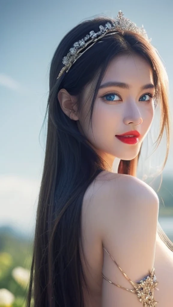 ((best quality: 1.4)), ((masterpiece: 1.4)), (detailed), perfect face, Ultra realism, 1 ((Apsara)), (((age 23))), ((very hot)), (((big boobs: 1.4))), posing in ((heaven)), (((sweet smile:1.2))),
((grey abstract background)),
((pure white goddess dress: 1.3)),
white clouds,
(((a little crown made of flowers))) on head,
(extremely detailed), ((jawline)),
((cinematic shot)), (((cinematic lighting))), (((white hair))), ((closeup shot)), ((red lips))
((female anatomy)), (((Blue eyes:1.4))),
((long hair:1.2))
((straight hair:1.4))
(((young apsara)),
detailed eyes,
((photo realistic)),
depth of field,
fair skin:1.2,