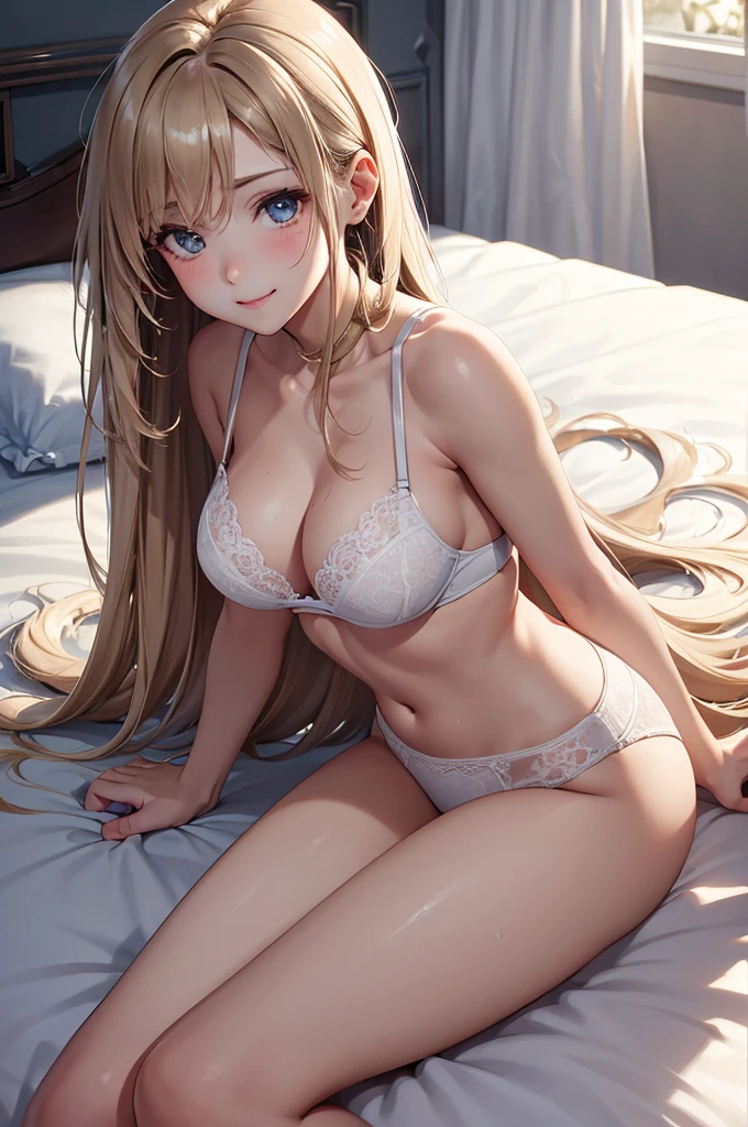(Best Quality,High resolution,8K,finelity detailed background,Masterpiece:1.2),beautiful girl,Shiny khaki hair,messy hair,(Khaki Eyes),Gentle look,A refreshing look,Best quality,Best Quality,Aesthetic and aesthetic:1.2,Best details((Super detailed))(High-definition CG illustrations),White underwear (dark blue,intricate lace),Slender body,Late Night,Moonlit Night,Bedroom,On the bed,smile,blush,cute,Scrounge,Looking up,Being spoiled,super model,wariza