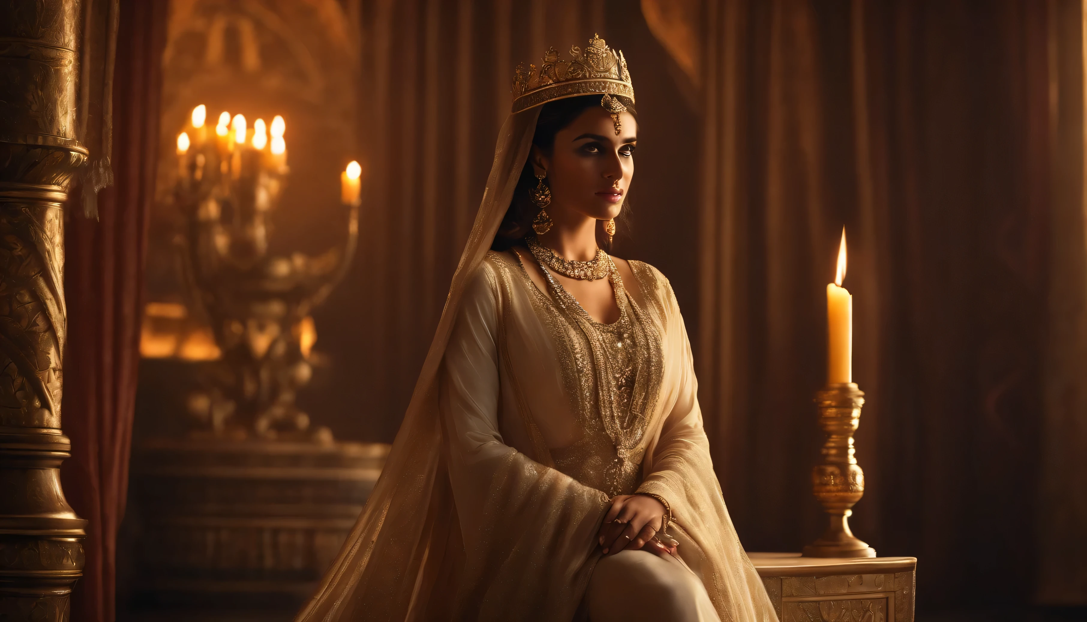 esther, Beautiful Arab woman, elaborate dress, complex gold jewelry, stunning headdress, funny posture, confident expression, palace scenery, opulent decorations, Throne of the Persian king, King Ahasuerus on the throne, shimmering silk curtains, candlelit ambiance, soft golden light, dramatic shadows, rich color palette, delicate brushwork, realistic representation, High resolution details, Photorealistic rendering, bright coloured, oil painting style