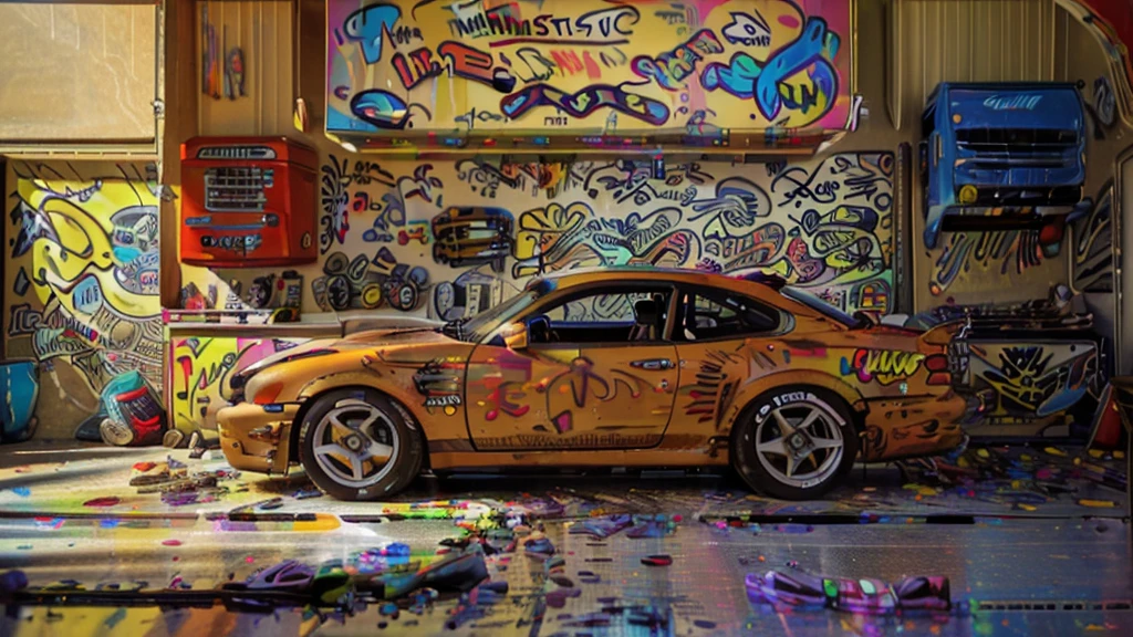 (masterpiece:1.2), best quality, 4k, 8k, ultra-detail, extreme very high quality, (car-custom inside the messy tuning garage:1.5), ((the picture with cartoon style)), hip hop, street gang, gangster, (graffiti on wall), for desktop wallpaper, flawless drawn, professional artwork, intricate details, vivid colors, digital blending, wide shot