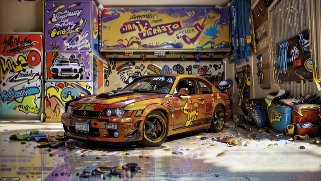 (masterpiece:1.2), best quality, 4k, 8k, ultra-detail, extreme very high quality, (car-custom inside the messy tuning garage:1.5), ((the picture with cartoon style)), hip hop, street gang, gangster, (graffiti on wall), for desktop wallpaper, flawless drawn, professional artwork, intricate details, vivid colors, digital blending, wide shot