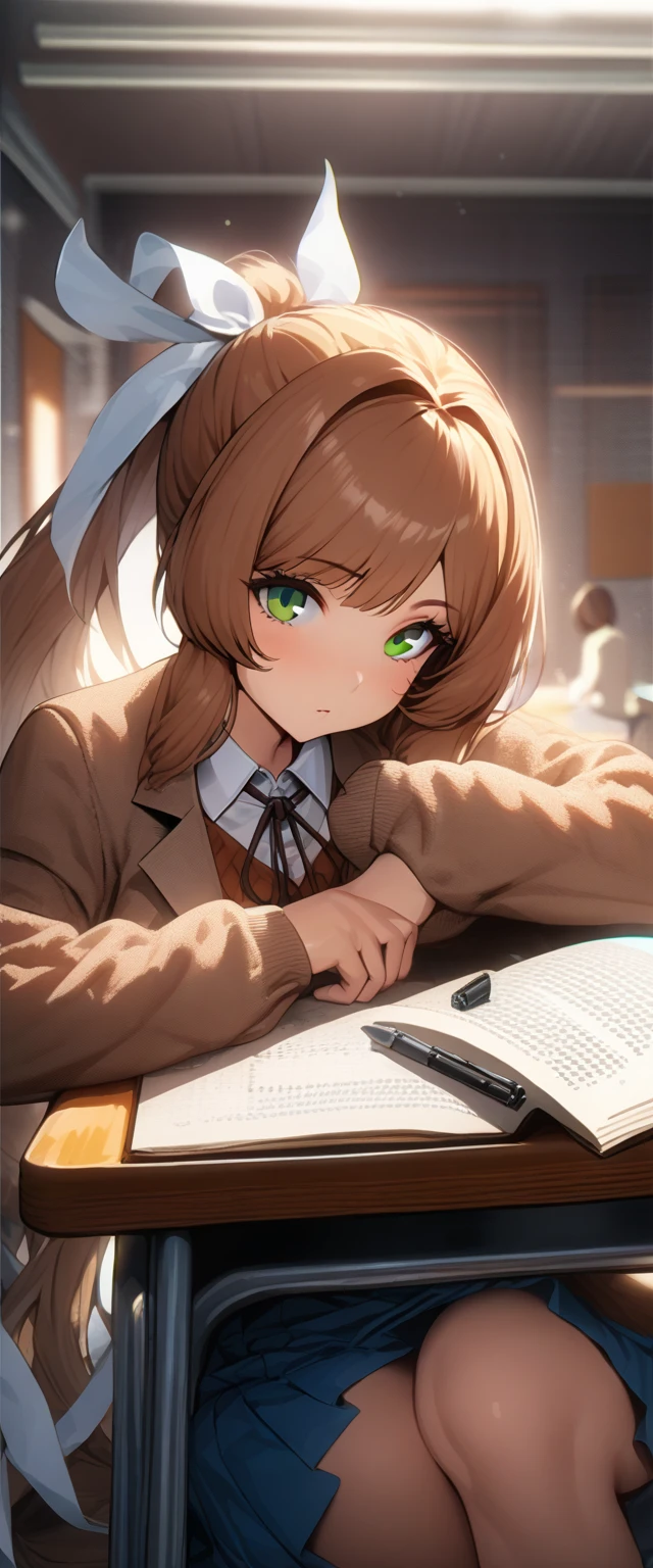 
Masterpiece, top quality, high resolution, highly detailed, detailed background, cinematic lighting, one woman, looking at viewer, monica, green eyes, brown hair, very long hair, ponytail, hair ribbon, white ribbon, , blazer, brown sweater, collared shirt, neck ribbon, blue skirt, pen on table, open book on table, classroom, seat