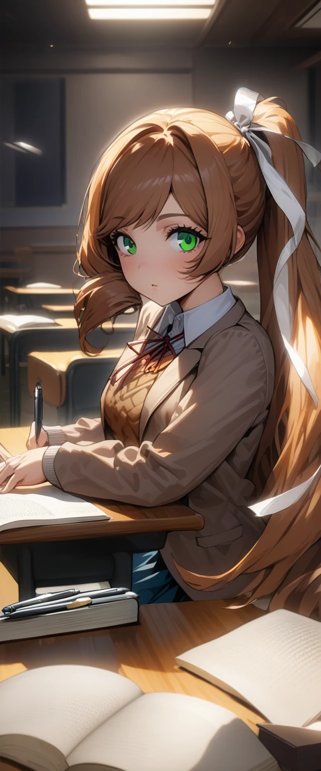 
Masterpiece, top quality, high resolution, highly detailed, detailed background, cinematic lighting, one woman, looking at viewer, monica, green eyes, brown hair, very long hair, ponytail, hair ribbon, white ribbon, , blazer, brown sweater, collared shirt, neck ribbon, blue skirt, pen on table, open book on table, classroom, seat