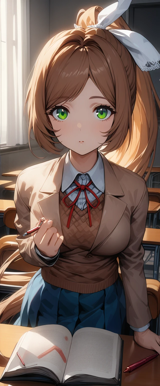 
Masterpiece, top quality, high resolution, highly detailed, detailed background, cinematic lighting, one woman, looking at viewer, monica, green eyes, brown hair, very long hair, ponytail, hair ribbon, white ribbon, , blazer, brown sweater, collared shirt, neck ribbon, blue skirt, pen on table, open book on table, classroom, seat