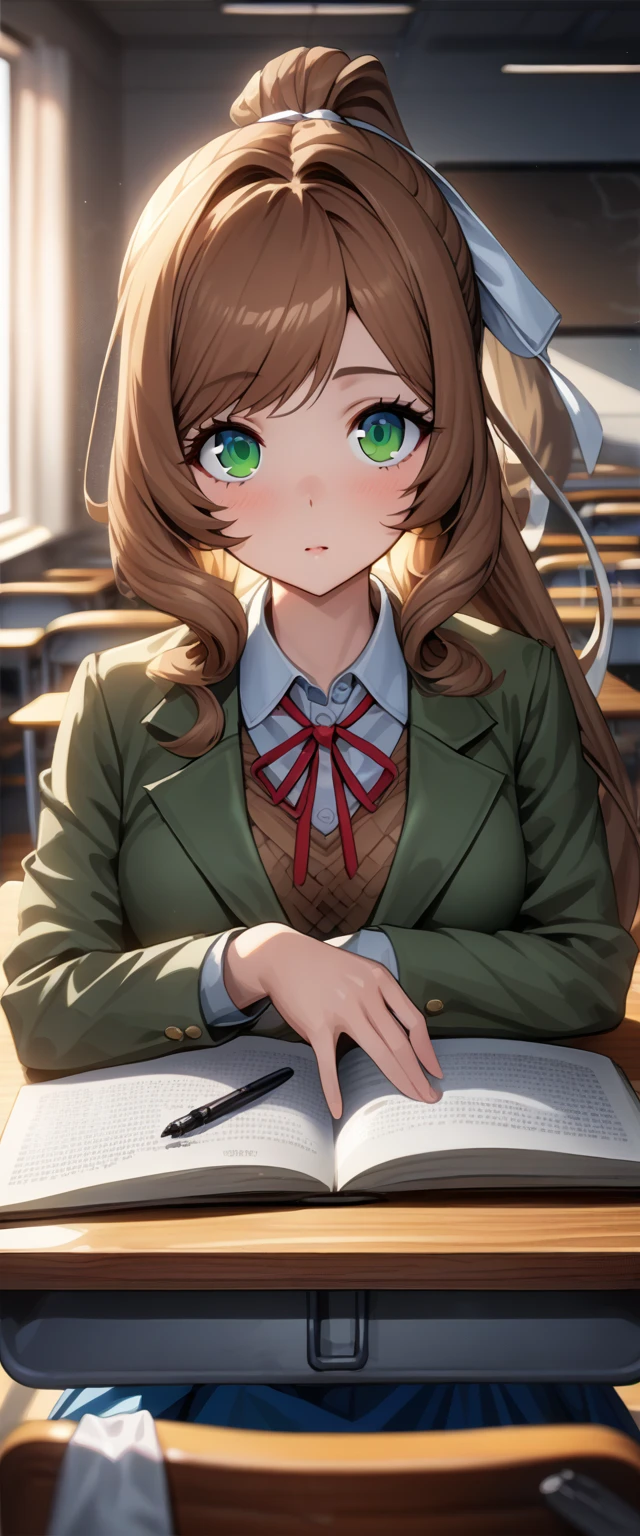 
Masterpiece, top quality, high resolution, highly detailed, detailed background, cinematic lighting, one woman, looking at viewer, monica, green eyes, brown hair, very long hair, ponytail, hair ribbon, white ribbon, , blazer, brown sweater, collared shirt, neck ribbon, blue skirt, pen on table, open book on table, classroom, seat