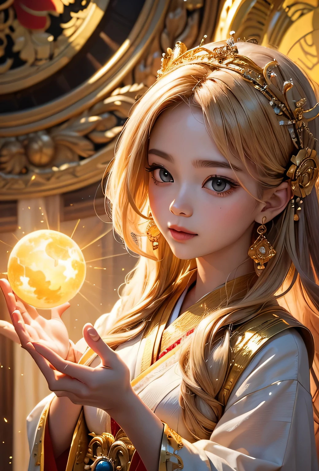 "Child of the Sun, Goddess of Love": Within a sacred sanctuary bathed in sunlight, depict the figure of a sun goddess who governs love, facing forward and emanating divine radiance. She is a , around 3 years old. Zoom in to focus on her face, with a gleaming orb of light in her hands, representing the life-giving power of the sun. Her hair is shimmering gold, and she is wearing a traditional miko outfit as seen in Japanese shrines. The background should be predominantly gold, evoking a sense of divine splendor, with numerous heart-themed objects expressing the beauty of love. The setting is in heaven, enveloped in soft, bright light, where one can find tranquility and peace of mind, free from any trace of anxiety.Straight-on.