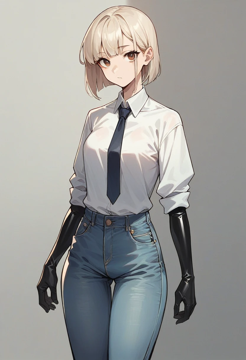 1girl, light hair, ((black elbow gloves)), ((surgical gloves)), ((latex gloves)), ((long sleeves)) ((white oversize shirt)), baggy jeans, tie, looking at viewer, standing, solo
