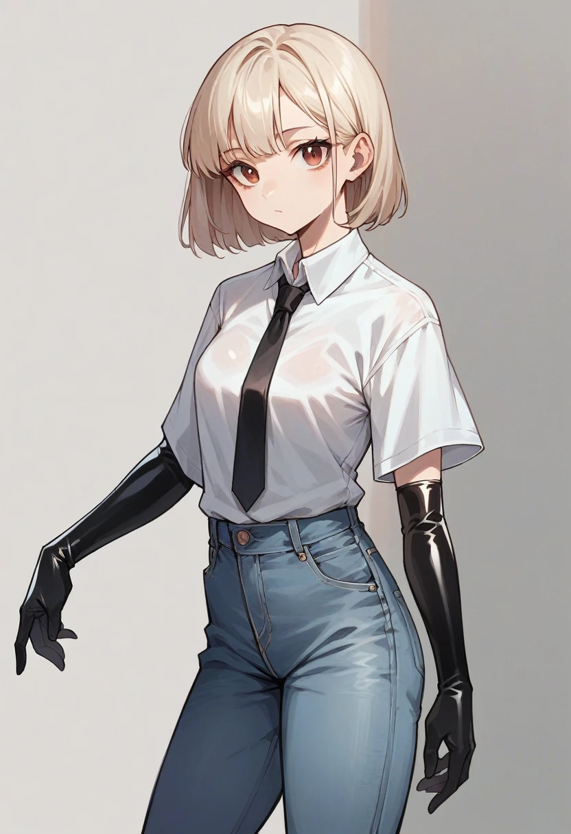 1girl, light hair, ((black elbow gloves)), ((surgical gloves)), ((latex gloves)), ((long sleeves)) ((white oversize shirt)), baggy jeans, tie, looking at viewer, standing, solo