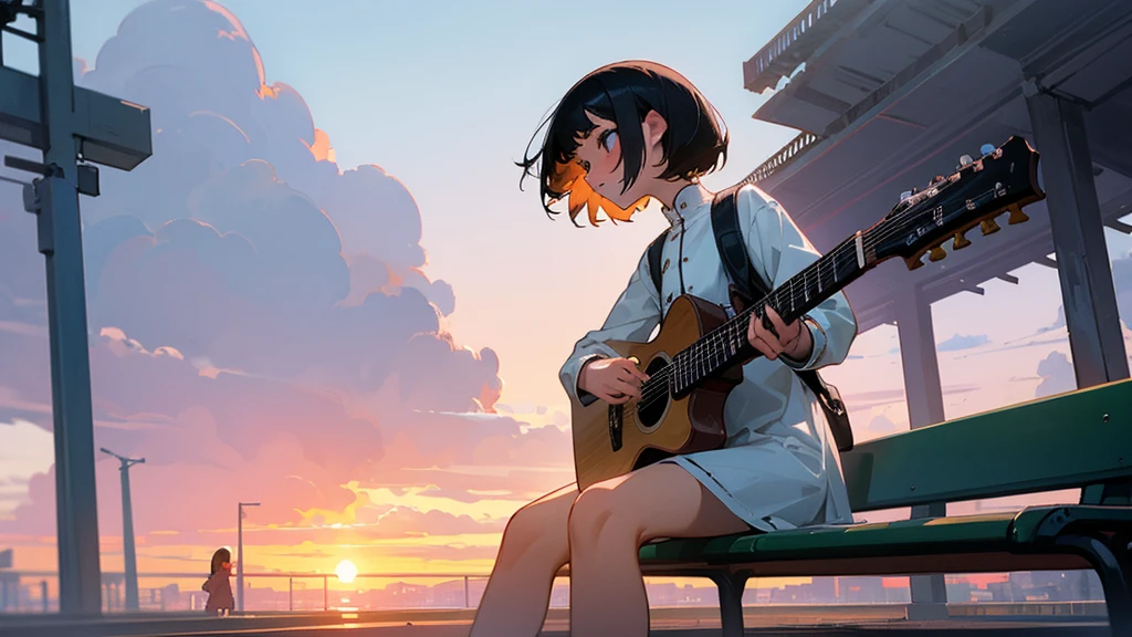 Sunset serenade on deserted platform,Focus on landscape,landscape painting,A girl with short black hair and M-shaped bangs，Wearing a short white dress，Denim jacket with affectionate and sad expression, Girl looking up to the sky while playing guitar,masterpiece of girl playing guitar,best quality,high resolution,extra limbs,Missing limbs,extra digits,Fewer numbers,Missing numbers,Missing fingers,Fusion of fingers,Deformed hands and fingers sitting on a bench by the roadside playing acoustic guitar, vietnamese girl