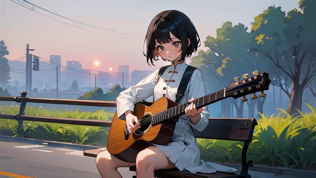 Sunset serenade on deserted platform,Focus on landscape,landscape painting,A girl with short black hair and M-shaped bangs，Wearing a short white dress，Denim jacket with affectionate and sad expression, Girl looking up to the sky while playing guitar,masterpiece of girl playing guitar,best quality,high resolution,extra limbs,Missing limbs,extra digits,Fewer numbers,Missing numbers,Missing fingers,Fusion of fingers,Deformed hands and fingers sitting on a bench by the roadside playing acoustic guitar, vietnamese girl