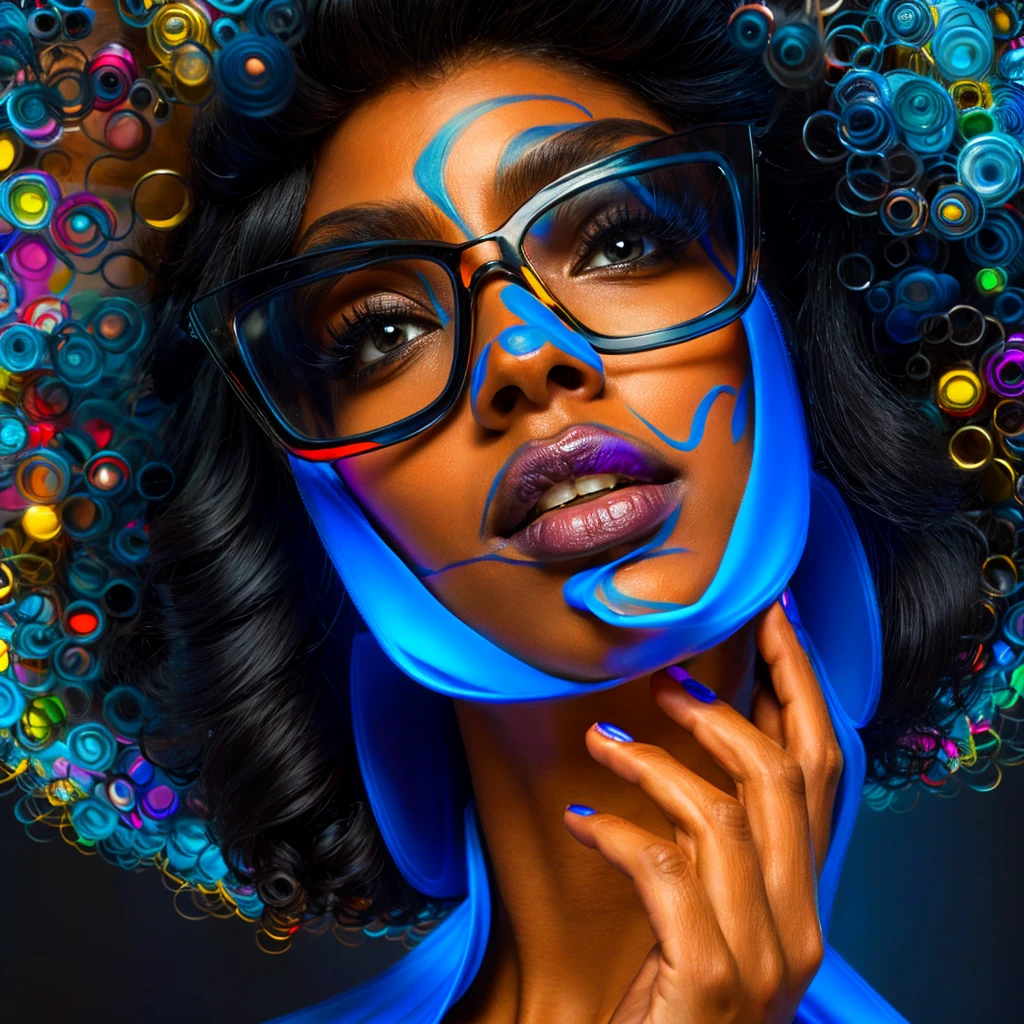 Beautiful black woman with afro hair for advertisement of stylish blue-framed glasses, swirly vibrant colors, hyper realistic art in 4k, hyper realistic hair