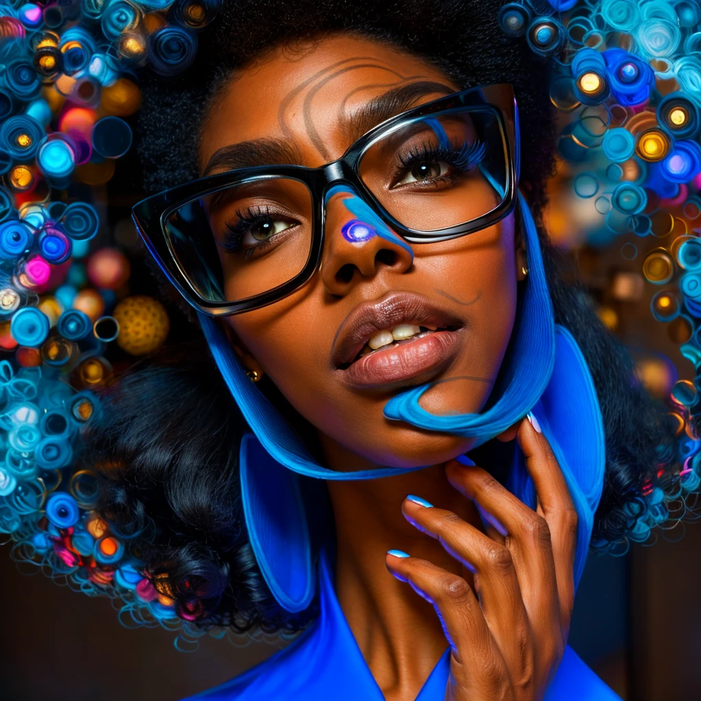 Beautiful black woman with afro hair for advertisement of stylish blue-framed glasses, swirly vibrant colors, hyper realistic art in 4k, hyper realistic hair
