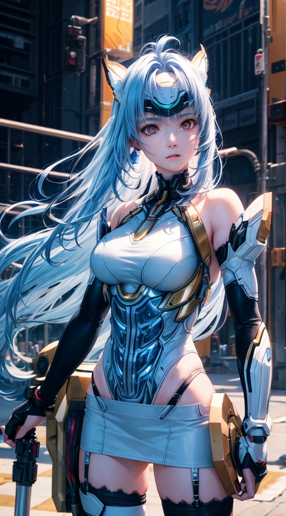top-quality、masterpiece、超A high resolution、(Photorealsitic:1.4)、1人、Light blue hair、Straight hair, shiny and clean hair、White shiny skin、Sexy Cyberpunk Girl、((super realistic details))、Shadow、octan render、ultrasharp、hyperdetailed face、Fiberglass、Luminous tube、highly intricate detail、Realistic light、CGSoation Trends、((Golden Eyes))、(Facing the camera)、neon detailechanical limbechanical vertebrae attached to the back、mechanical cervical attaching to neck、Wires and cables connecting to the head、((valkyrie))、((Beam Cannon))、Combat stance