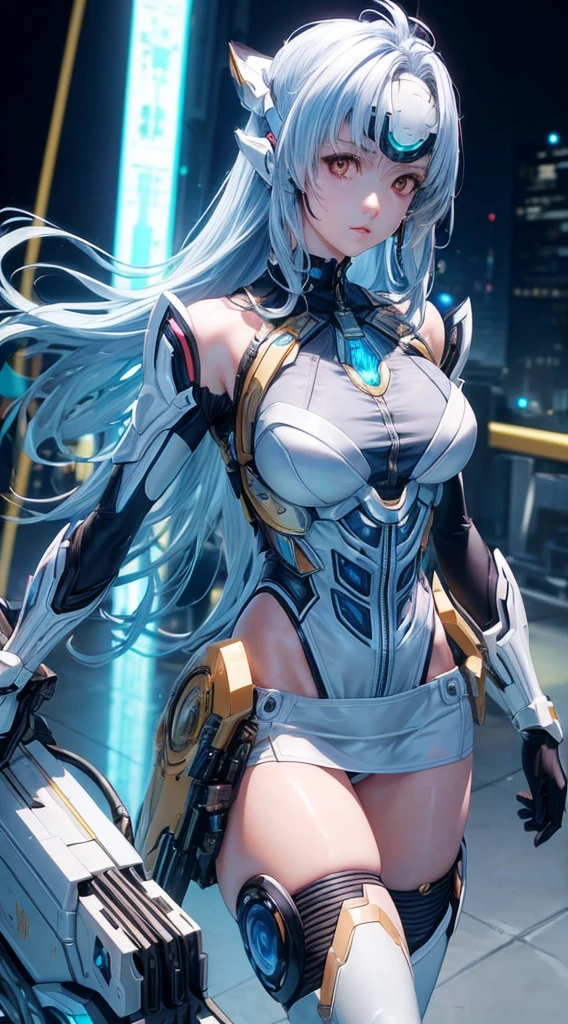 top-quality、​masterpiece、超A high resolution、(Photorealsitic:1.4)、女の子1人、Light blue hair、Straight hair, shiny and clean hair、White shiny skin、Sexy Cyberpunk Girl、((super realistic details))、Shadow、octan render、ultrasharp、hyperdetailed face、Fiberglass、Luminous tube、highly intricate detail、Realistic light、CGSoation Trends、((Golden Eyes))、(Facing the camera)、neon detailechanical limbechanical vertebrae attached to the back、mechanical cervical attaching to neck、Wires and cables connecting to the head、((valkyrie))、((Beam Cannon))、Combat stance