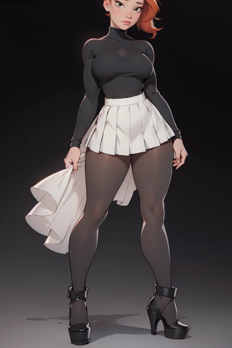 photo of a ginger 16yo girl, freckled face, face freckles, rosy, contemptuous look, 1 girl, solo, full body view, ponytail haircut,pale skin, big round , stand sexy pose, beautiful, ((pleated skirt with black tights under skirt)), ((oversized black sweater)), black high heel shoes