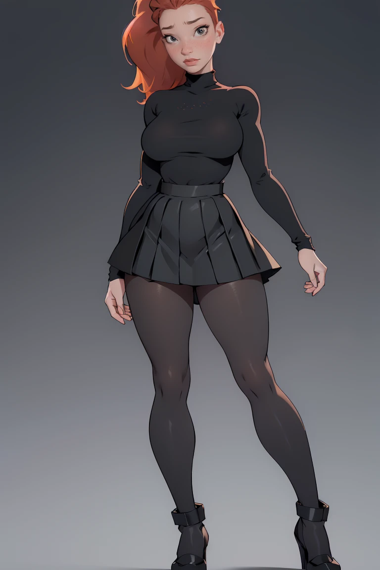 photo of a ginger  girl, freckled face, face freckles, rosy, contemptuous look, 1 girl, solo, full body view, ponytail haircut,pale skin, big round , stand sexy pose, beautiful, ((pleated skirt with black tights under skirt)), ((oversized black sweater)), black high heel shoes