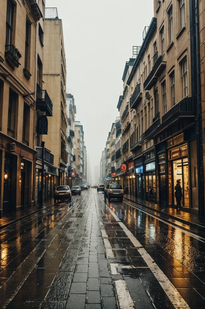 The streets of a city on a rainy day