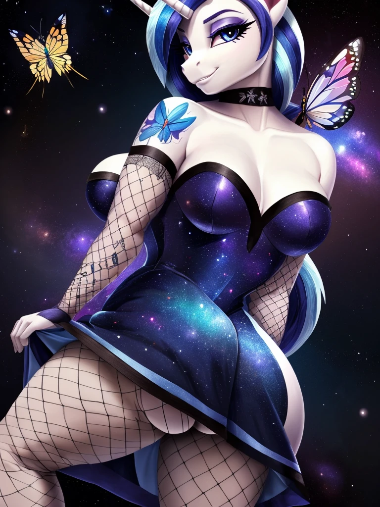 ((my little pony)), solo, ((seductive costume)), beautiful body, high detailed, 4K, ((seductive perky big butt)), behind view, (((short strapless space styled dress))), beautiful medium breasts, (((shining armor))), (((tights fishnet))), ((butterfly tattoo)), ((seductive journal pose)), ((fishnet sleeves))