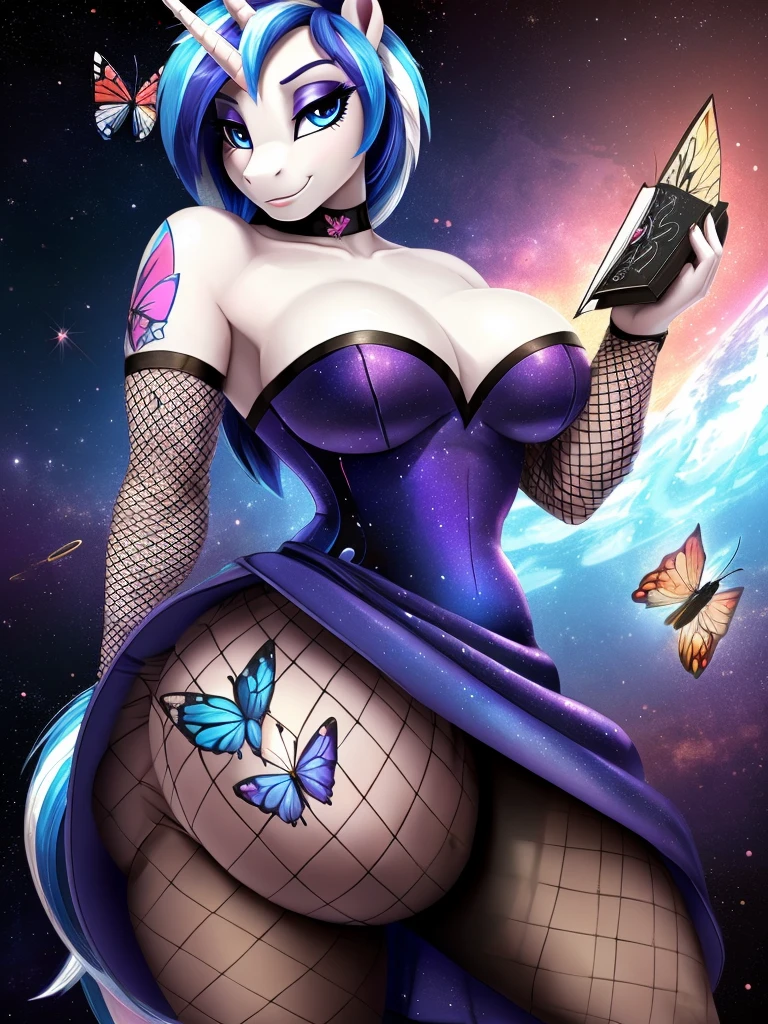 ((my little pony)), solo, ((seductive costume)), beautiful body, high detailed, 4K, ((seductive perky big butt)), behind view, (((short strapless space styled dress))), beautiful medium breasts, (((shining armor))), (((tights fishnet))), ((butterfly tattoo)), ((seductive journal pose)), ((fishnet sleeves))
