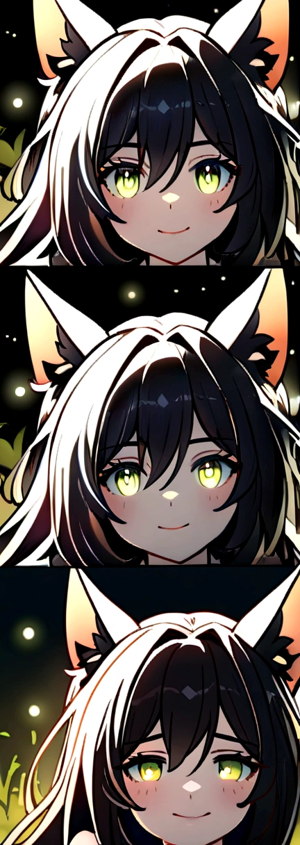 (high quality, amazing),(expressive eyes, Perfect face) 1 girl, female, Alone, portrait, honkai star rail inspired, half, happy expression, fox ears, symmetrical eyes, black background, fireflies background, soft lights, long hair length
