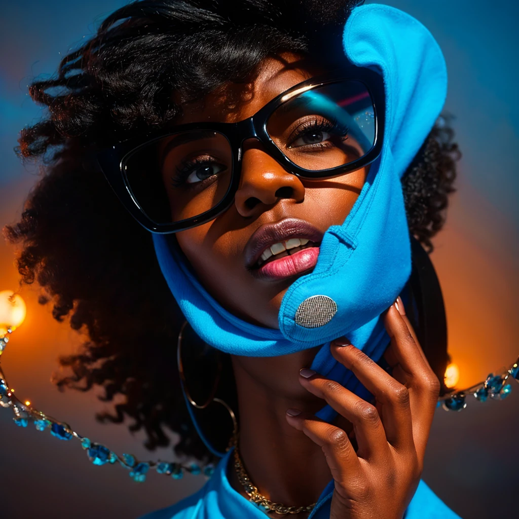 Beautiful black woman with afro hair for advertisement of stylish blue-framed glasses, swirly vibrant colors, hyper realistic art in 4k, hyper realistic hair