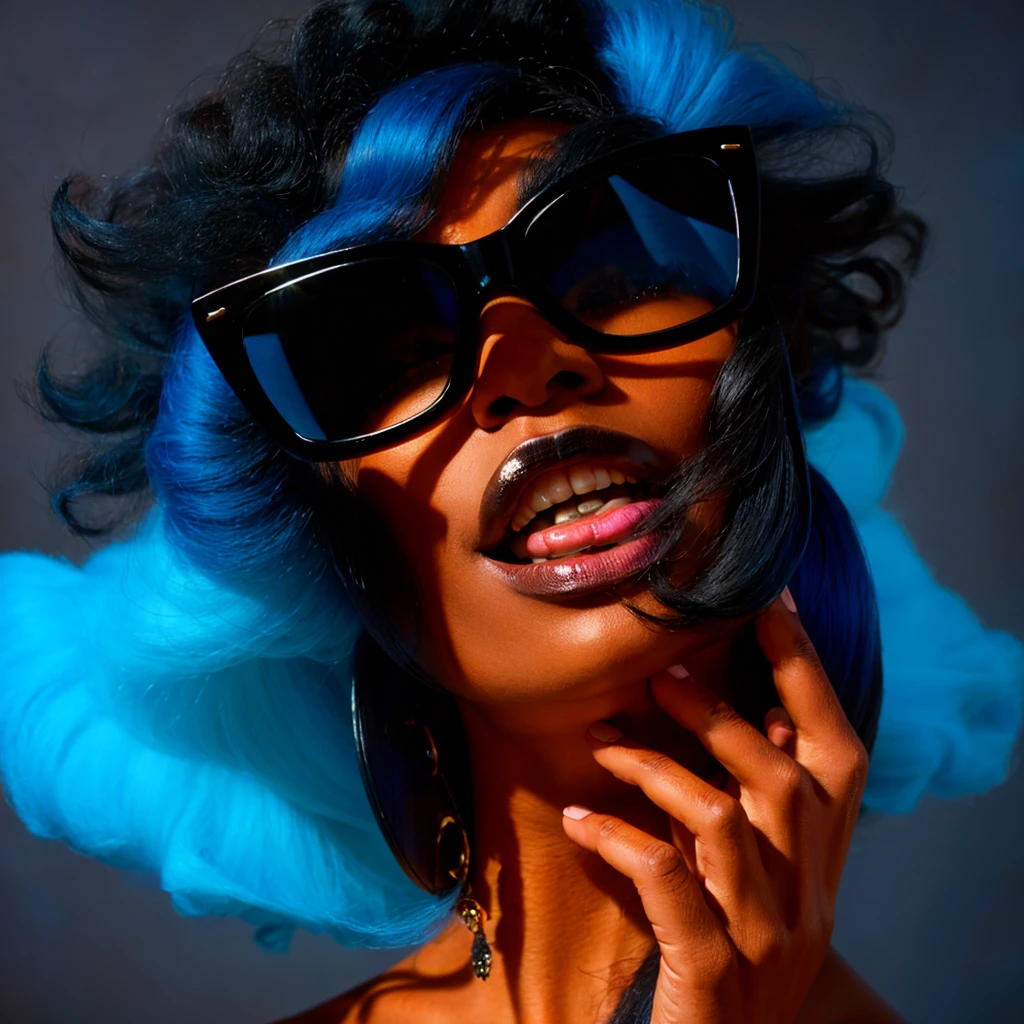 Beautiful black woman with afro hair for advertisement of stylish blue-framed glasses, swirly vibrant colors, hyper realistic art in 4k, hyper realistic hair