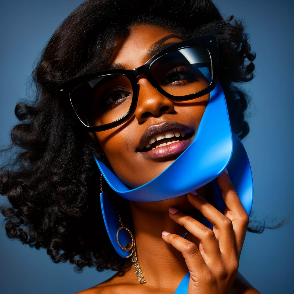 Beautiful black woman with afro hair for advertisement of stylish blue-framed glasses, swirly vibrant colors, hyper realistic art in 4k, hyper realistic hair