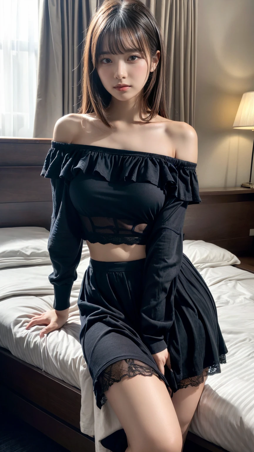 (8K, RAW Photos, Highest quality, masterpiece:1.2), (professional photography, full colors, studio-caliber color grading), (Gravure quality for high-end fashion magazines), BREAK,18 year old girl, (boyish:1.15), (mannish:1.1), Big Natural Color Lip, Plumpy body, (smooth skin:1.1), (huge breasts:1.0), BREAK (Ruffle black cotton off-shoulder top transparent lace:1.2), pleated skirt, BREAK (hotel room:1.1)
