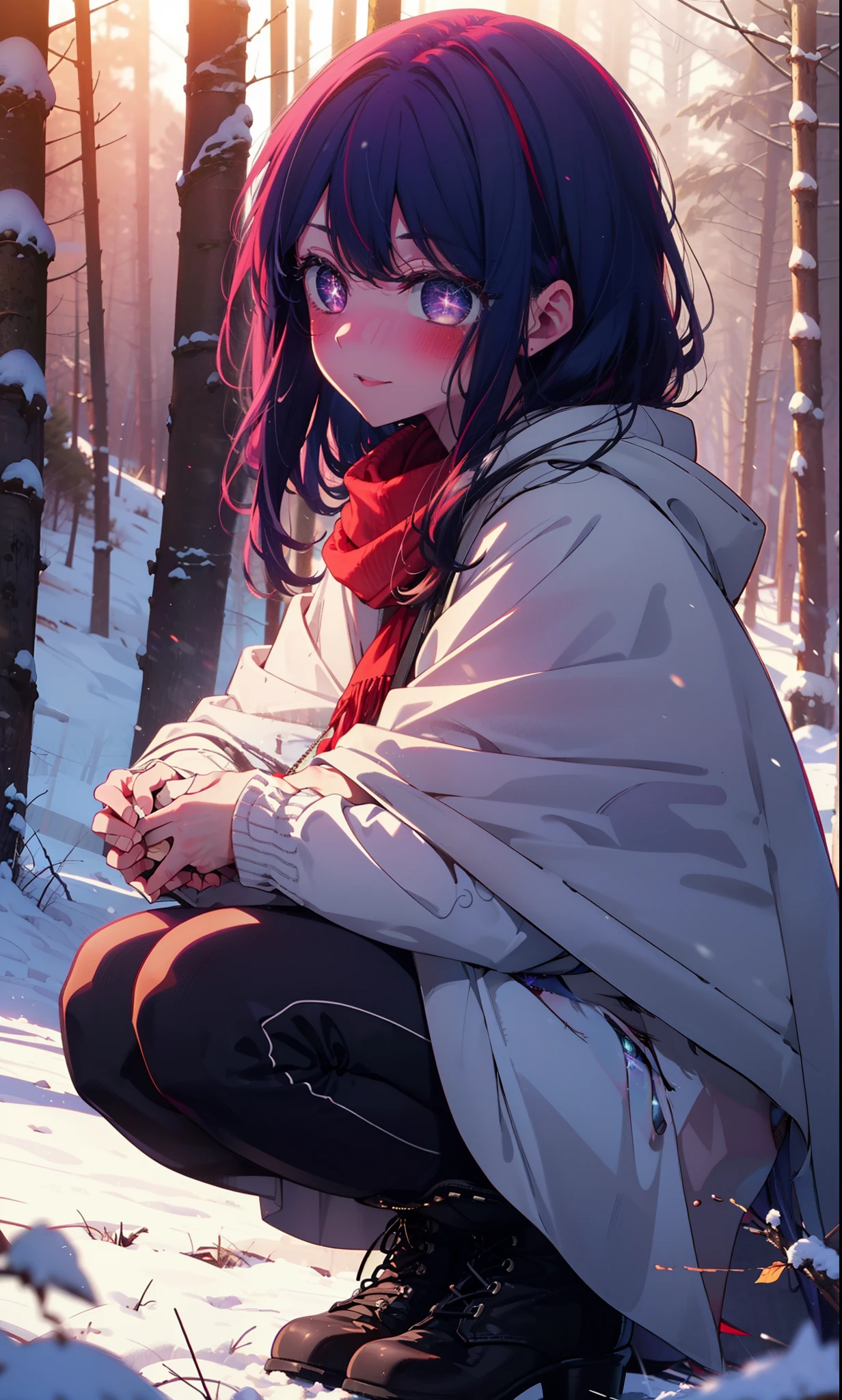 aihoshino, Ai Hoshino, Long Hair, bangs, (Purple eyes:1.1), Purple Hair, (Symbol-shaped pupil:1.5), smile,,smile,blush,White Breath,
Open your mouth,snow,Ground bonfire, Outdoor, boots, snowing, From the side, wood, suitcase, Cape, Blurred, , forest, White handbag, nature, Squat, Mouth closed, Cape, winter, Written boundary depth, Black shoes, red Cape break looking at viewer, Upper Body, whole body, break Outdoor, forest, nature, break (masterpiece:1.2), Highest quality, High resolution, unity 8k wallpaper, (shape:0.8), (Beautiful and beautiful eyes:1.6), Highly detailed face, Perfect lighting, Extremely detailed CG, (Perfect hands, Perfect Anatomy),