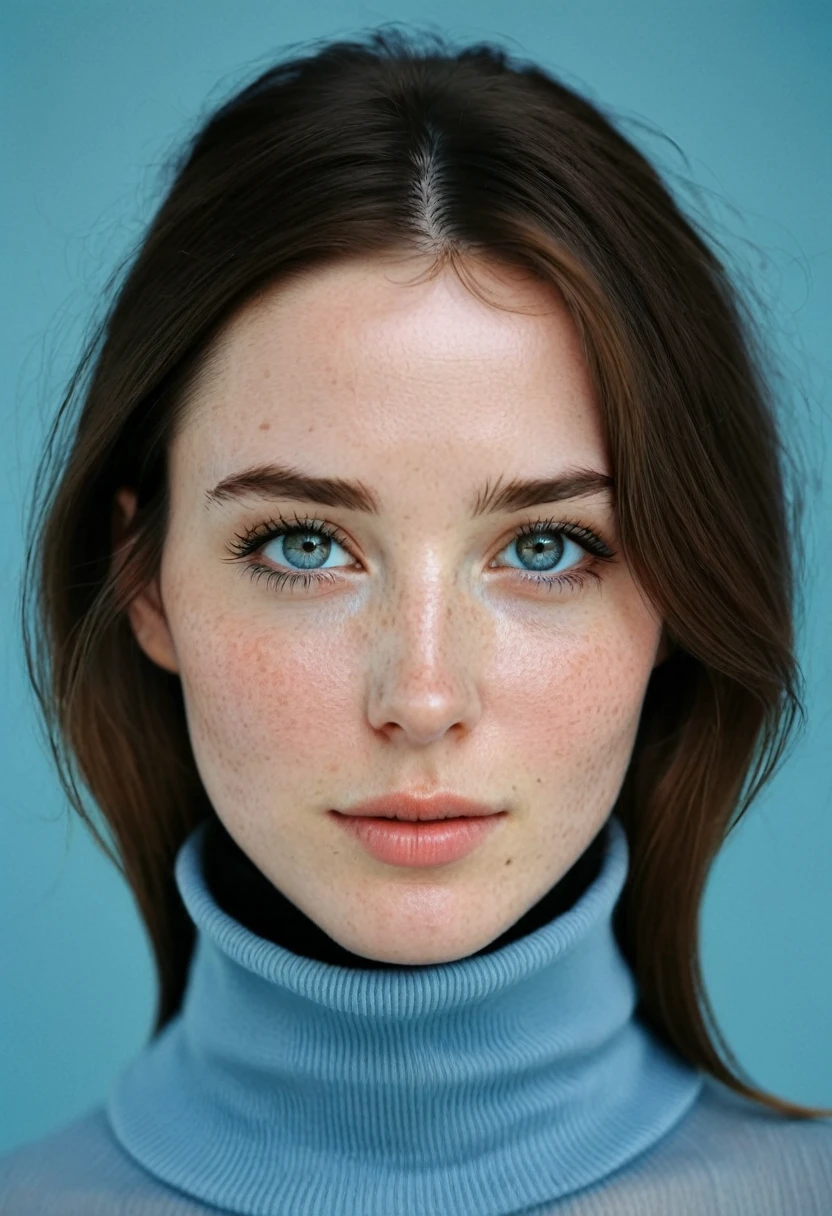 displays a close-up portrait of a young woman directly facing the camera. Her eyes are a striking pale blue, wide and with a steady gaze that makes them the dominant feature of her expression. The woman's skin is fair and dotted with a smattering of natural freckles, especially visible across her nose and cheeks. Her light brown hair is neatly parted in the middle and tucked behind her ears, which emphasizes the symmetry of her face. She is wearing what appears to be a black turtleneck, which contrasts with her light complexion and provides a minimalistic aesthetic. The background is a soft, muted blue-grey, which complements the subtle cool tones of her appearance without detracting focus from her face. The subject's expression is serene and contemplative, with a neutral mouth and soft intensity in her demeanor that could suggest introspection.