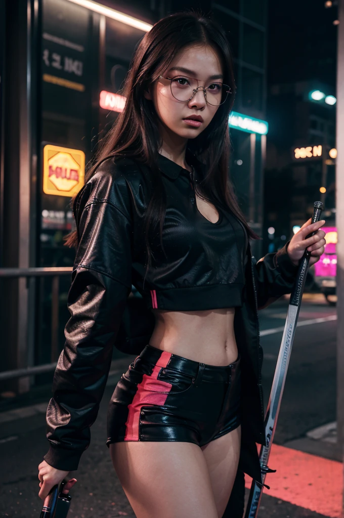 Jennie from Blackpink, realistic Korean kpop idol in a city, elegant clothing with neon lights, neon glasses, neon lights, vehicles in the background, 3D futuristic, 4k, holding a sword, detailed facial features, intricate hairstyle, dramatic lighting, vibrant colors, cinematic composition, seamless integration of digital and physical elements, photorealistic rendering, dramatic pose, confident expression, dynamic action, complex background elements, seamless blending of styles