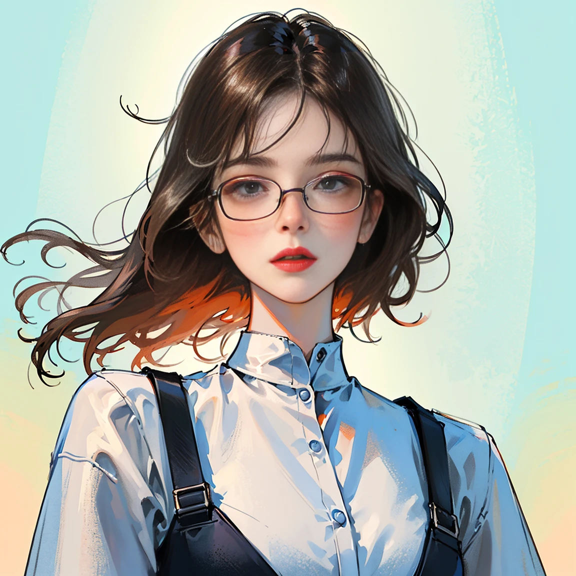 Ultra-realistic CG ,((premium、8K、32k、masterpiece)), (Ultra-thin illustration)、(Ultra-high resolution), Intelligent woman with glasses, Break Looking down at the audience, Worried look, Seductive upward glance, A look of disgust, blush, hot, The action of adjusting glasses, ((Upper body close-up, Portrait Style)), (Shooting from below:1.3),