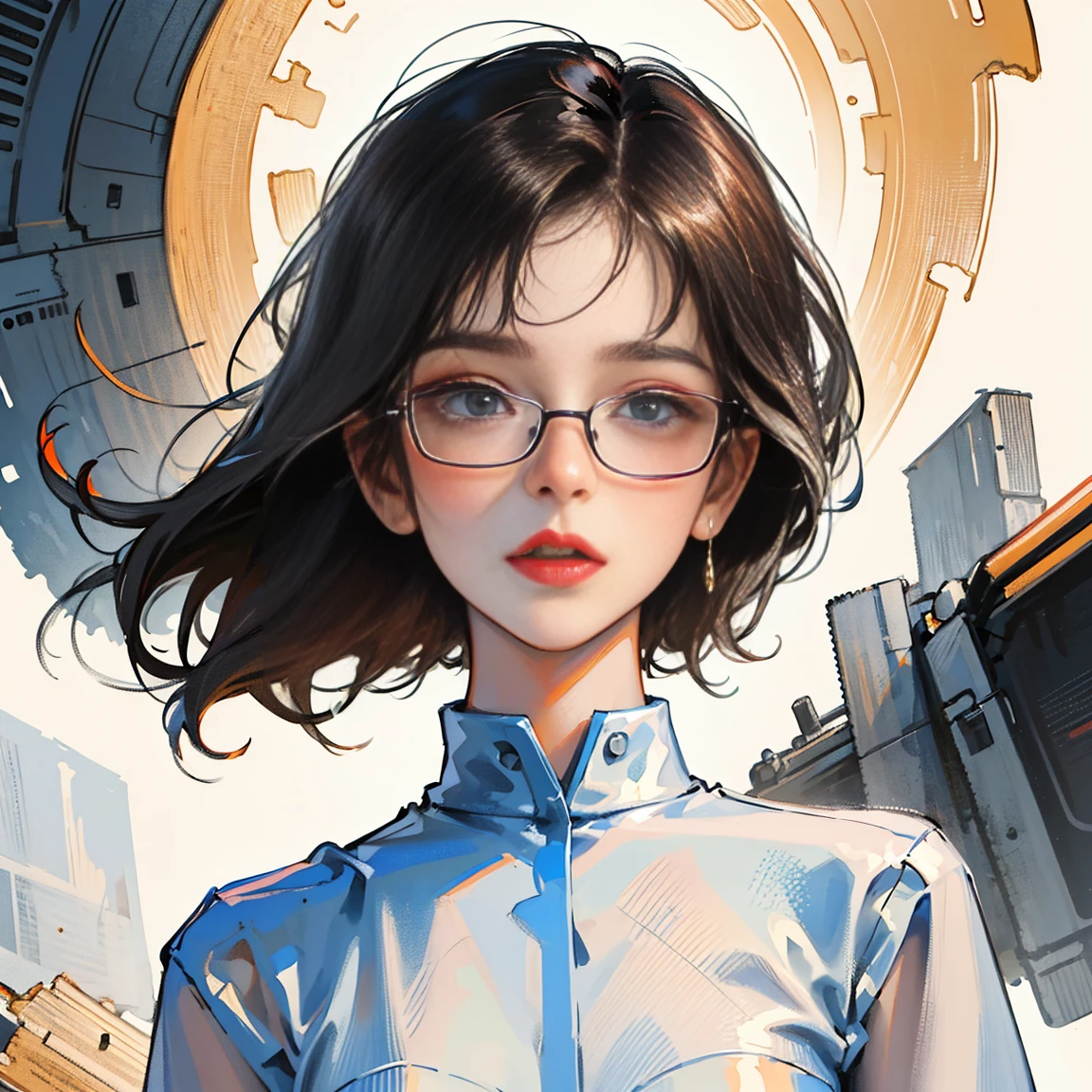 Ultra-realistic CG ,((premium、8K、32k、masterpiece)), (Ultra-thin illustration)、(Ultra-high resolution), Intelligent woman with glasses, Break Looking down at the audience, Worried look, Seductive upward glance, A look of disgust, blush, hot, The action of adjusting glasses, ((Upper body close-up, Portrait Style)), (Shooting from below:1.3),