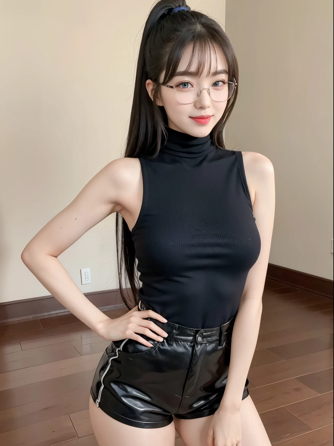 (Best quality, masterpiece, detailed), (RAW, 4k, hd images), 1 girl, , white skin, long hair, ponytail, layers hair, bangs, black hair, beautiful girl, cute girl, sweet girl, pretty girl, perfect girl, perfect body, pretty eyes, blue eyes, thin lips, (eye line, lip soft), perfect round breast, glasses(detailed frame), simple background, smile, thigh, legs, sleeveless turtleneck, short pants, full body, free style pose, random angle capture