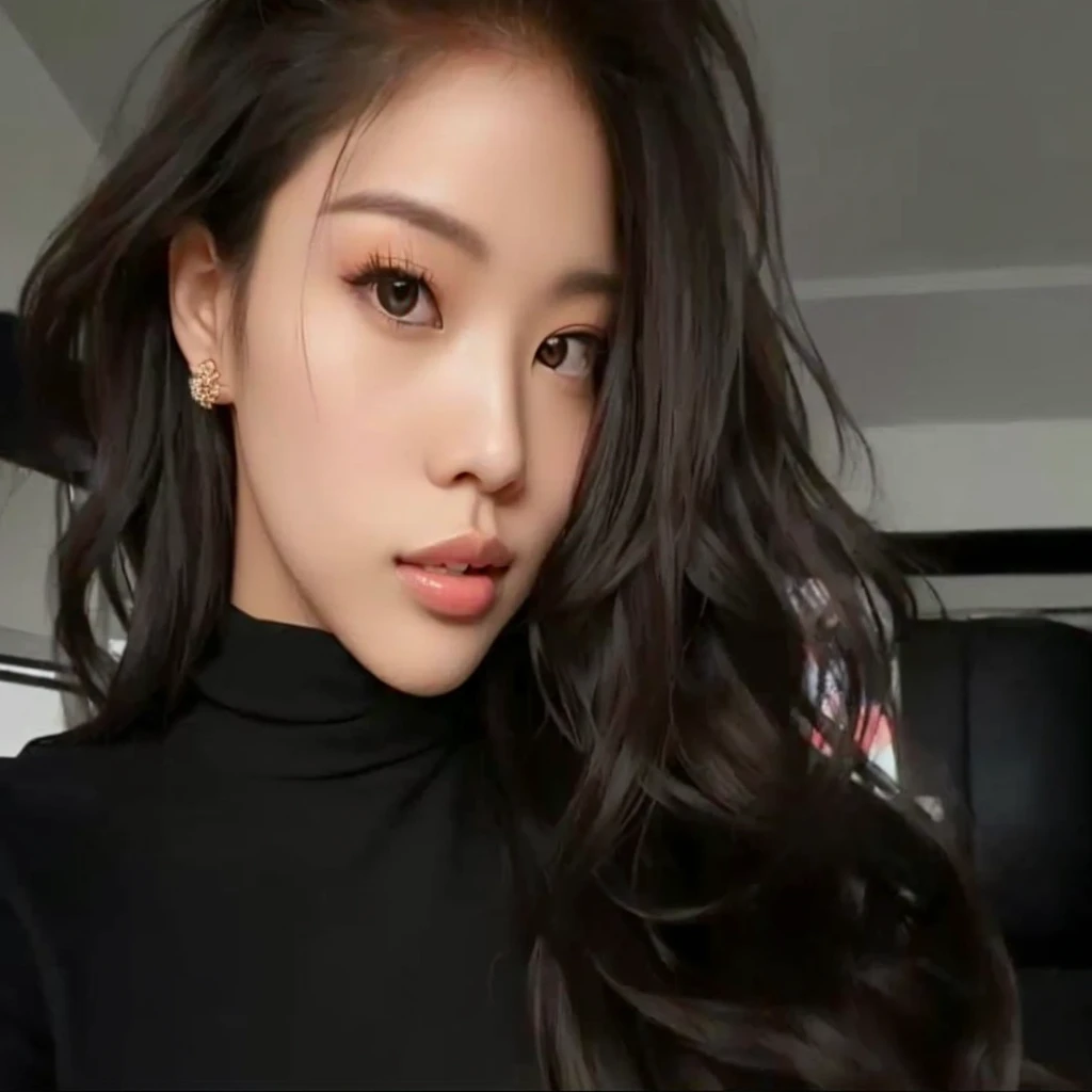 a woman with long hair wearing a black turtleneck blouse, maquiagem sul-korean popular, maquiagem korean popular, korean, young lovely korean face, linda mulher sul-korean, linda jovem korean, ulzzang, adorable and pale korean face, linda jovem korean, Korean facial features, jennie blackpink, beautiful aesthetic face, Southeast Asian with round face