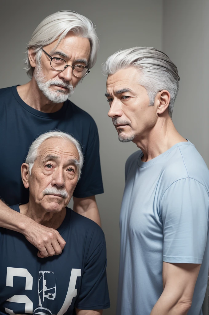 Two old male characters, like white and gray hair, wearing dark blue t-shirt